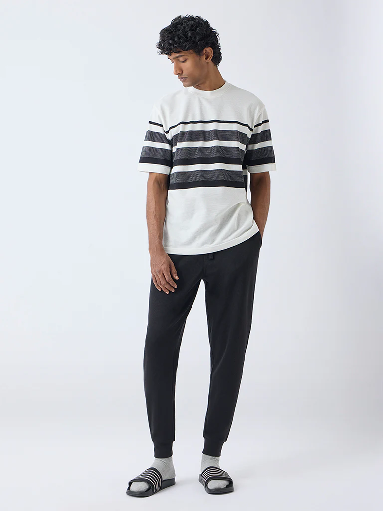 WES Lounge Black Waffle-Textured Relaxed-Fit Mid-Rise Cotton-Blend Joggers