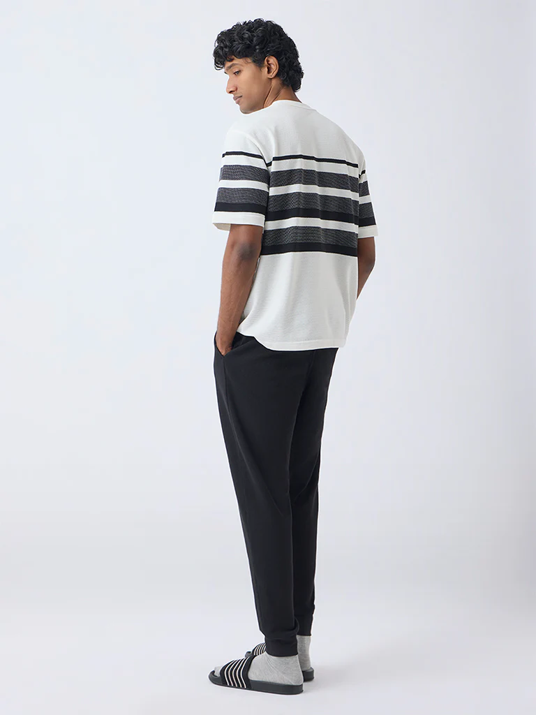 WES Lounge Black Waffle-Textured Relaxed-Fit Mid-Rise Cotton-Blend Joggers - Image 5