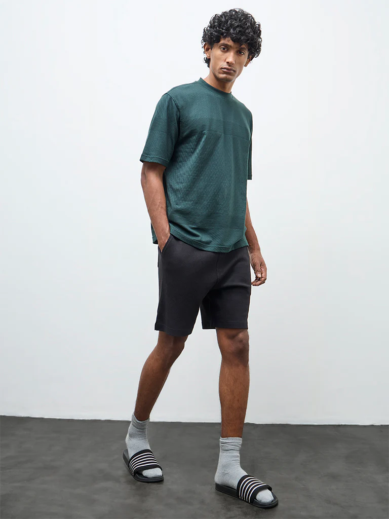 WES Lounge Black Waffle-Textured Relaxed-Fit Mid-Rise Cotton-Blend Shorts