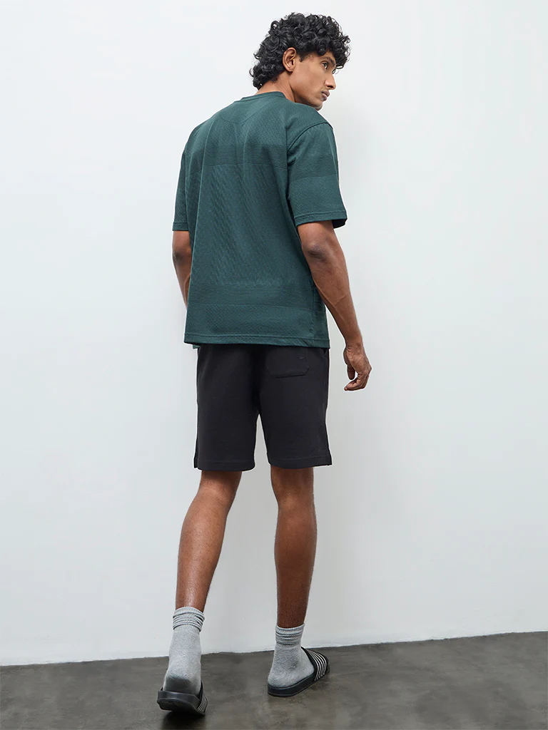 WES Lounge Black Waffle-Textured Relaxed-Fit Mid-Rise Cotton-Blend Shorts - Image 5