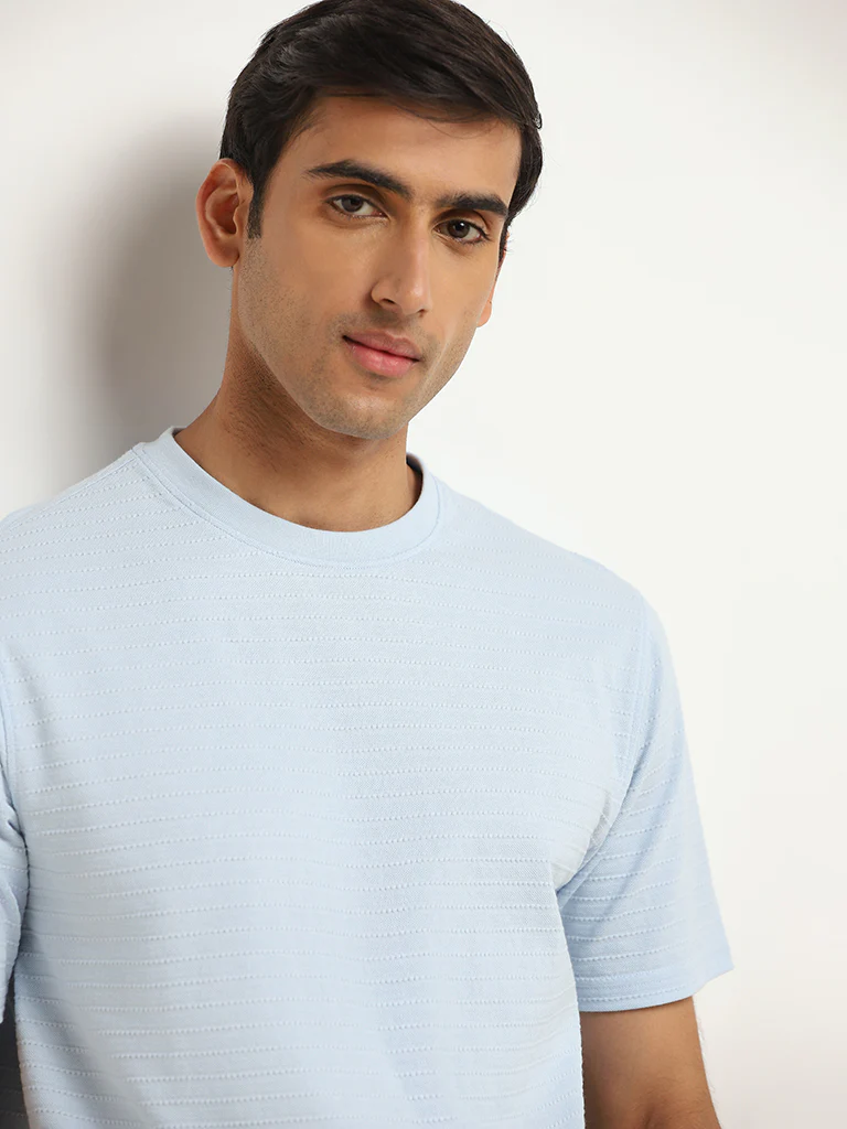 WES Lounge Blue Relaxed Fit Knit Cotton-Blend T-Shirt - Image 3