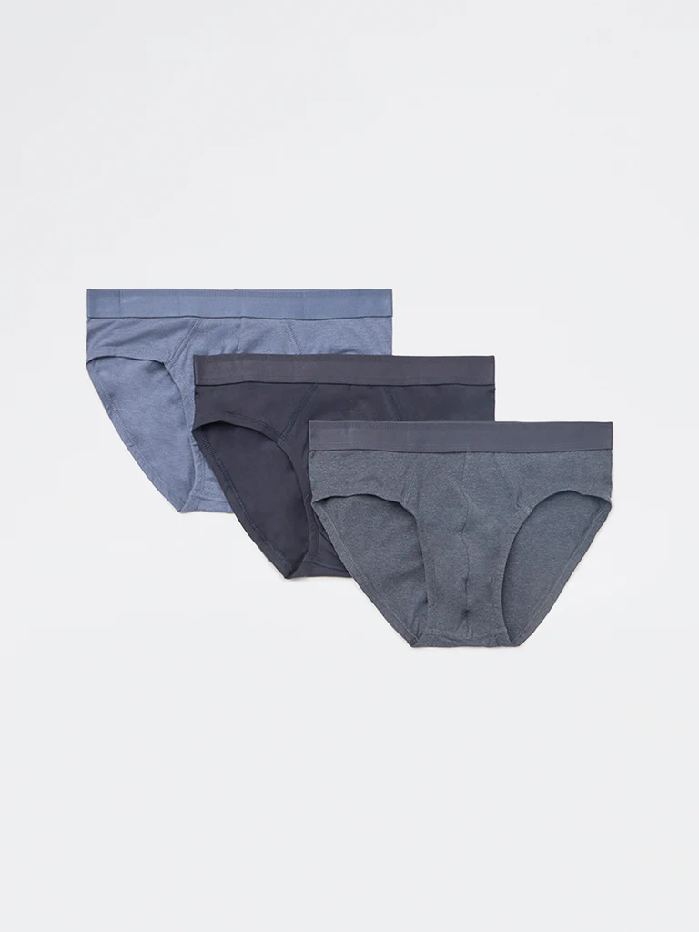 WES Lounge Blue Solid Cotton-Blend Briefs - Pack of 3