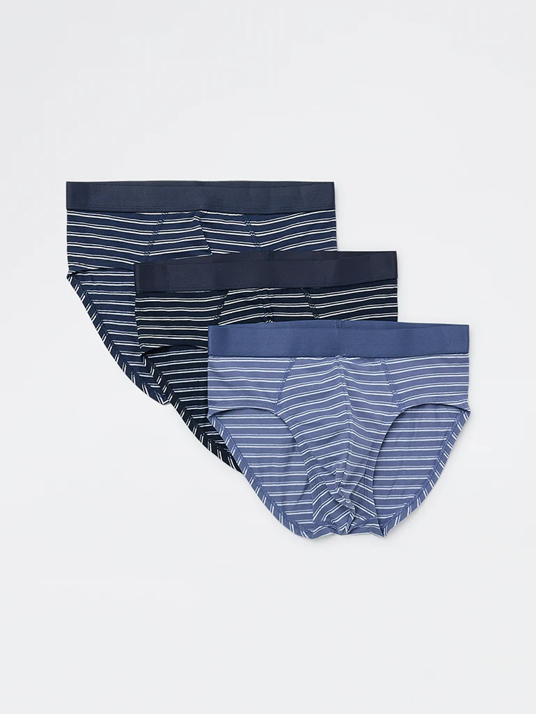 WES Lounge Blue Striped Cotton-Blend Briefs - Pack of 3