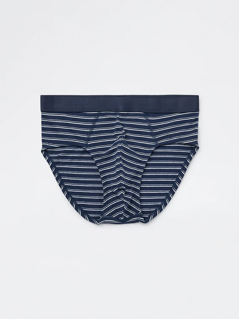 WES Lounge Blue Striped Cotton-Blend Briefs - Pack of 3 - Image 2