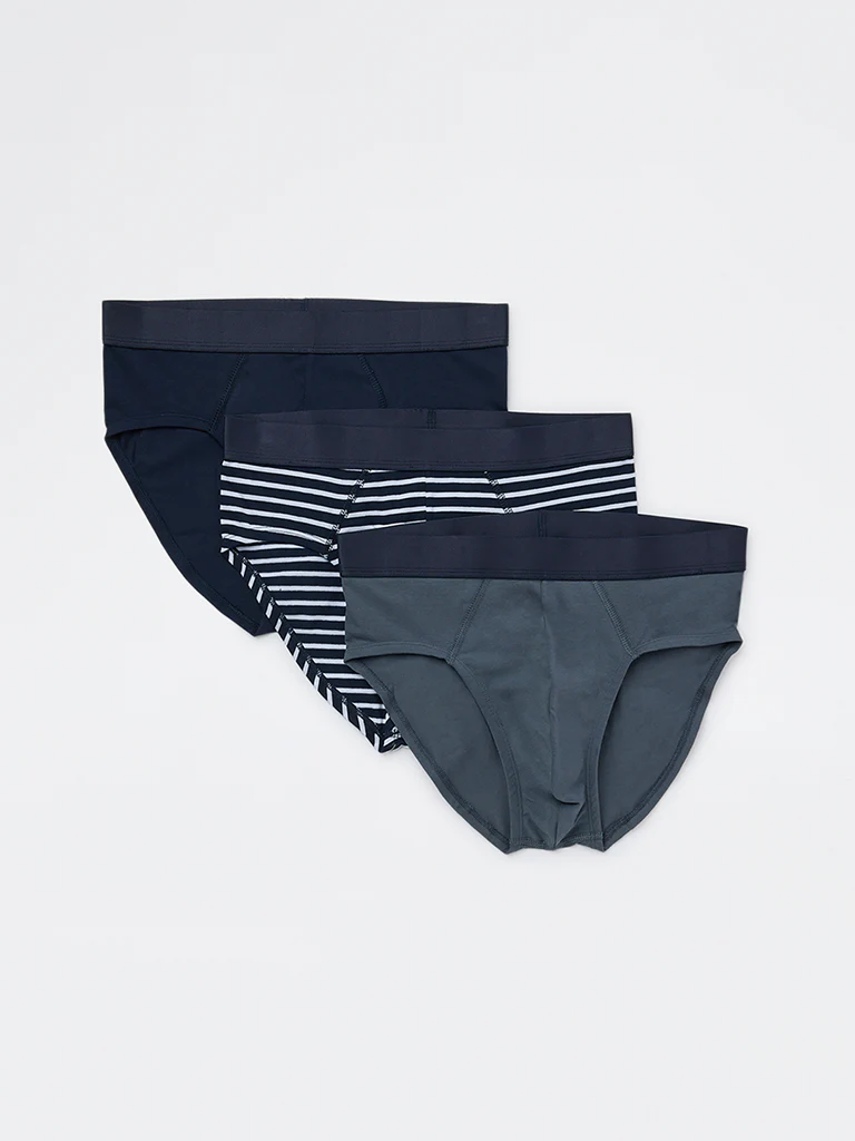 WES Lounge Blue Striped Cotton-Blend Briefs - Pack of 3