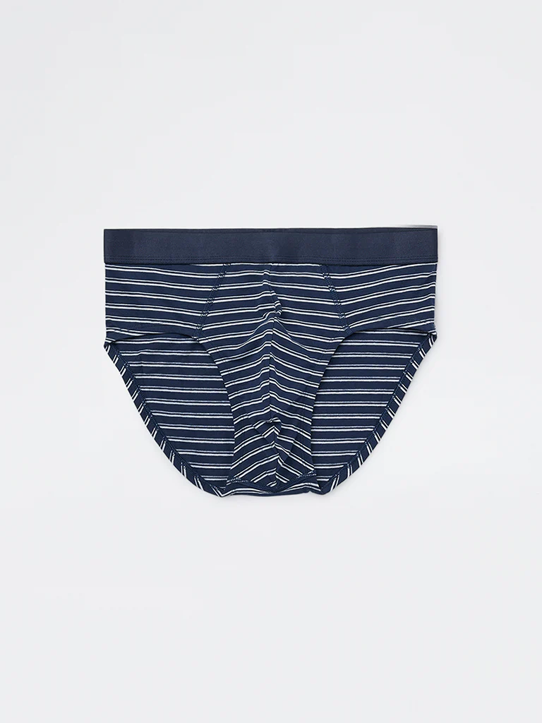 WES Lounge Blue Striped Cotton-Blend Briefs - Pack of 3 - Image 2