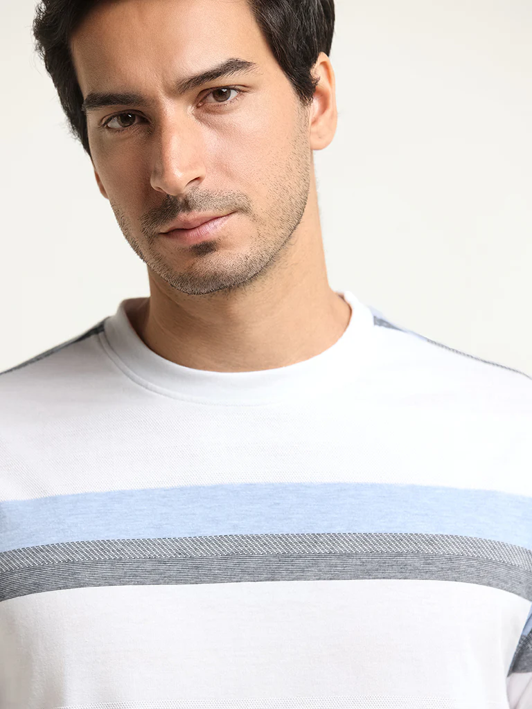 WES Lounge Blue Striped Cotton-Blend Relaxed Fit T-Shirt - Image 2