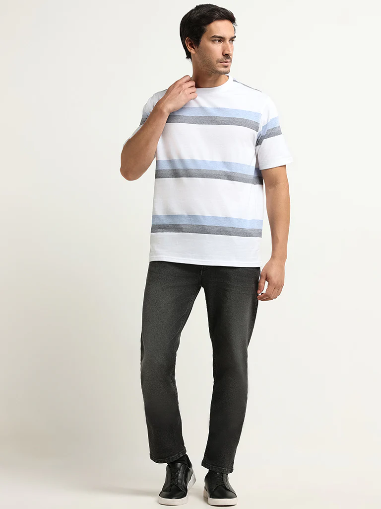 WES Lounge Blue Striped Cotton-Blend Relaxed Fit T-Shirt - Image 3