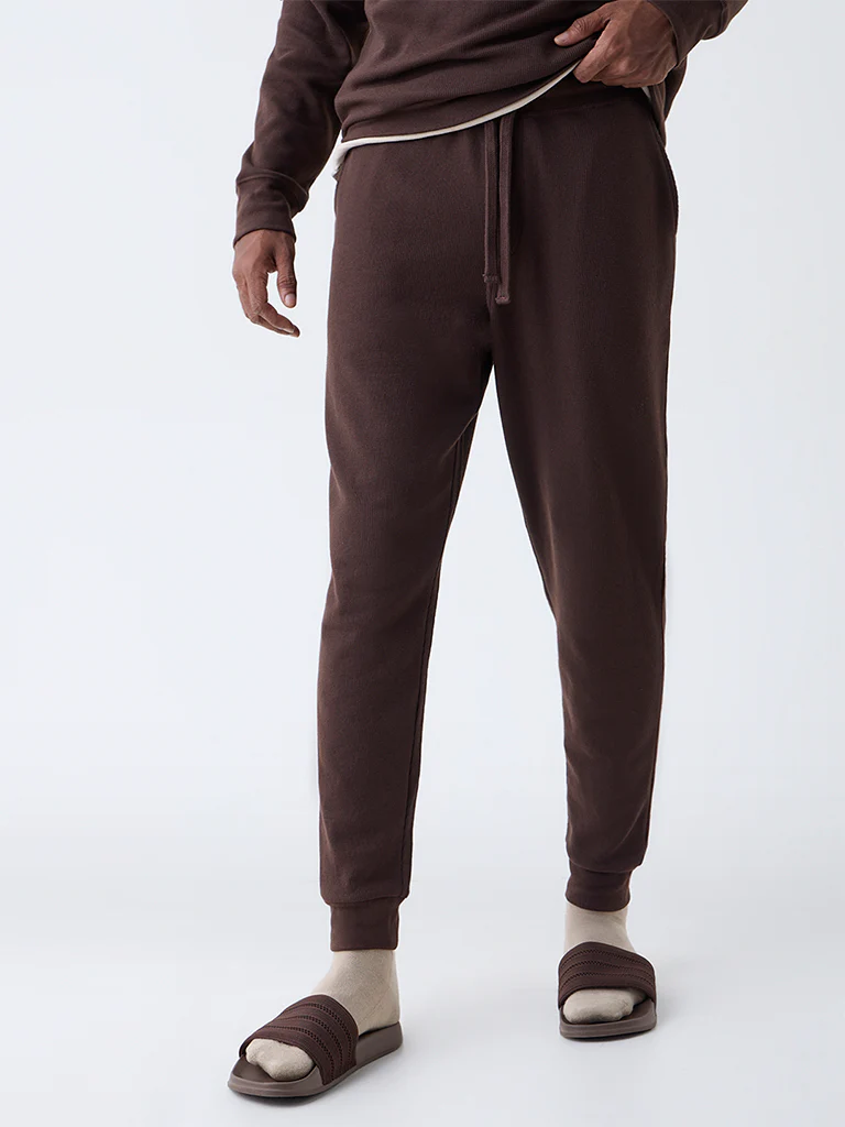 WES Lounge Brown Relaxed-Fit Mid-Rise Cotton-Blend Joggers - Image 3