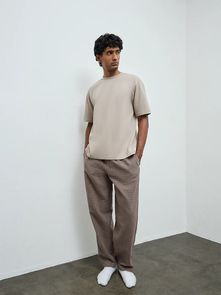 WES Lounge Brown Relaxed-Fit Mid-Rise Cotton Pyjamas