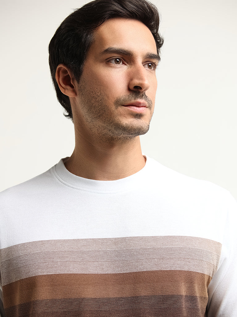 WES Lounge Brown Striped Cotton-Blend Relaxed Fit T-Shirt - Image 2