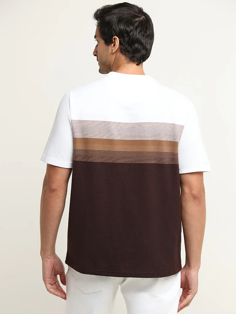 WES Lounge Brown Striped Cotton-Blend Relaxed Fit T-Shirt - Image 4