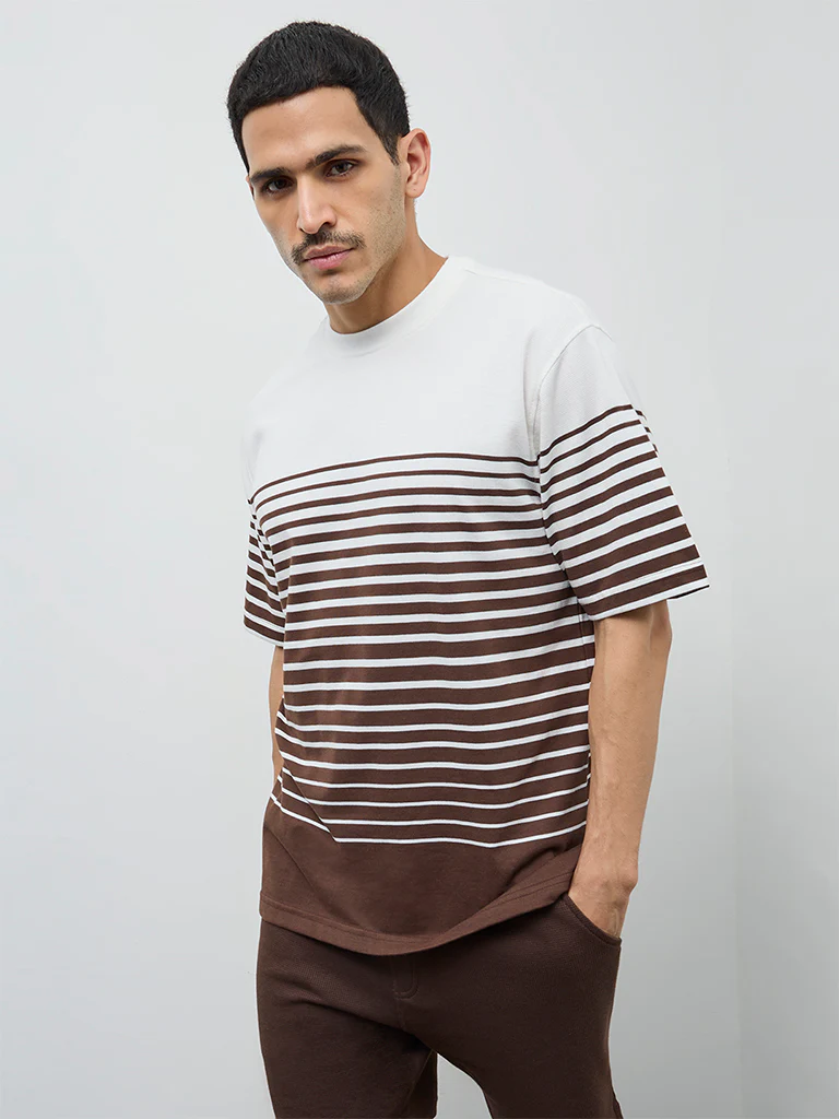 WES Lounge Brown Striped Relaxed-Fit Cotton-Blend T-Shirt