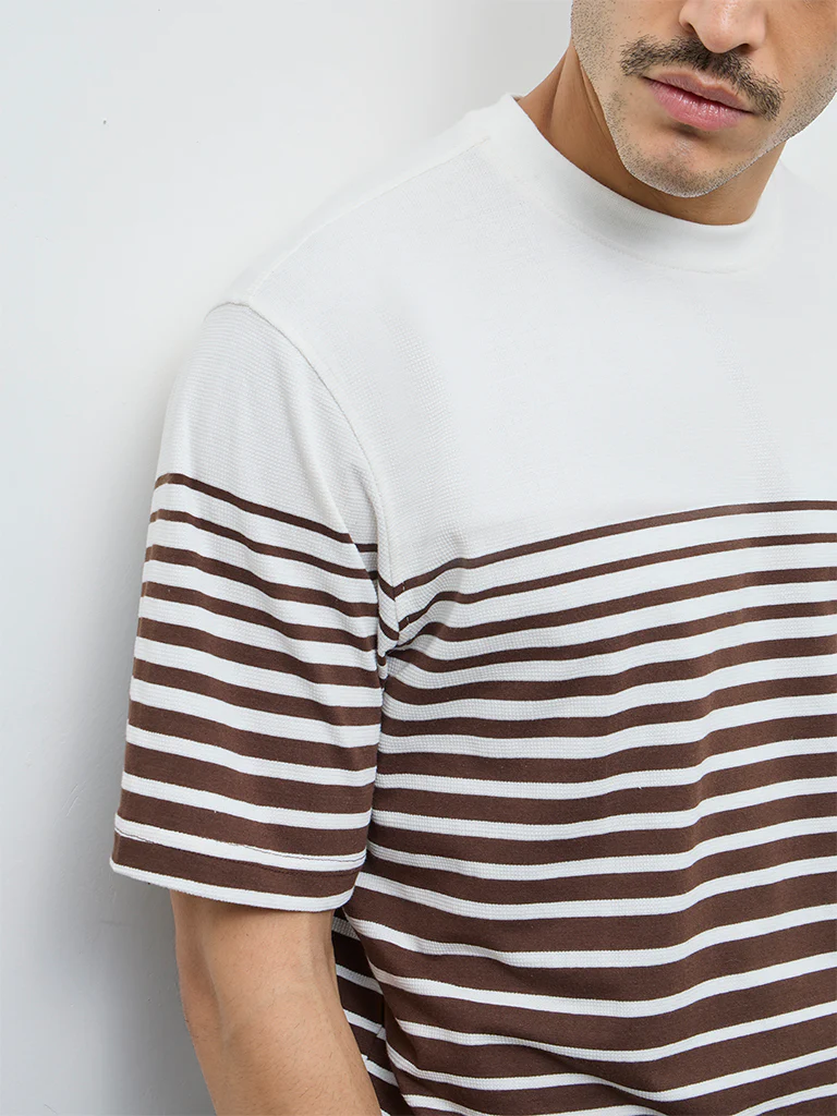 WES Lounge Brown Striped Relaxed-Fit Cotton-Blend T-Shirt - Image 3