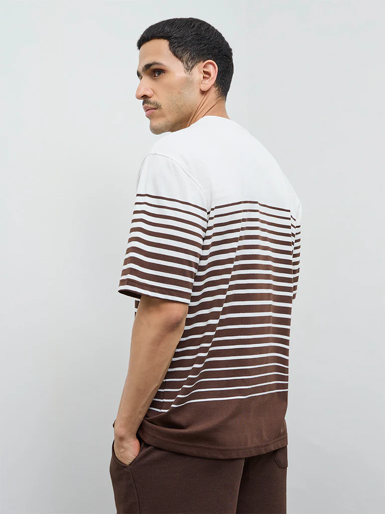 WES Lounge Brown Striped Relaxed-Fit Cotton-Blend T-Shirt - Image 4