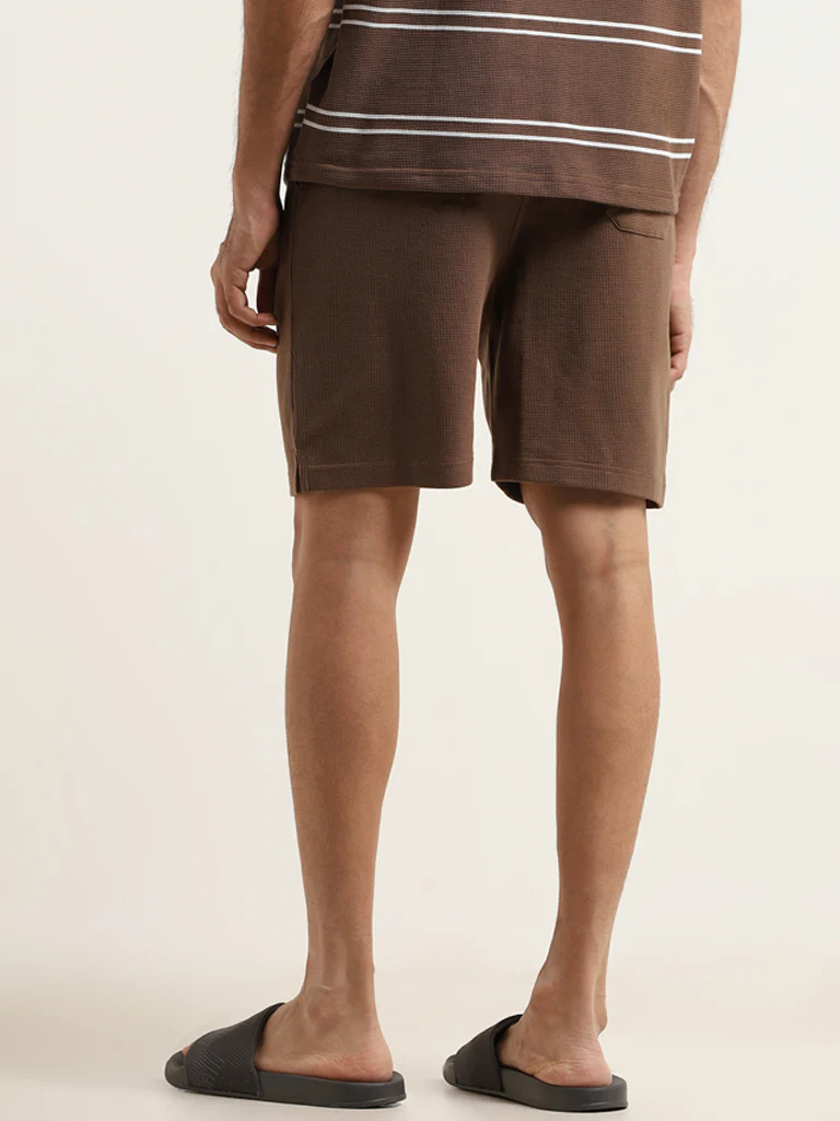 WES Lounge Brown Textured Cotton-Blend Relaxed Fit Shorts - Image 4