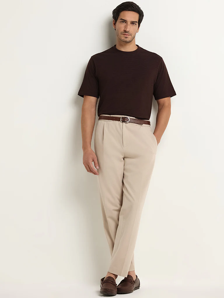WES Lounge Brown Textured Relaxed Fit Linen-Blend T-Shirt - Image 3