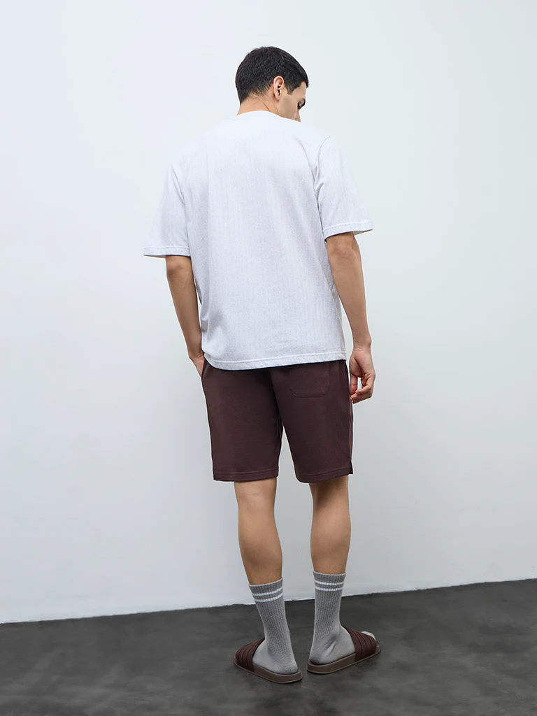 WES Lounge Brown Waffle-Textured Regular-Fit Mid-Rise Cotton-Blend Shorts - Image 5