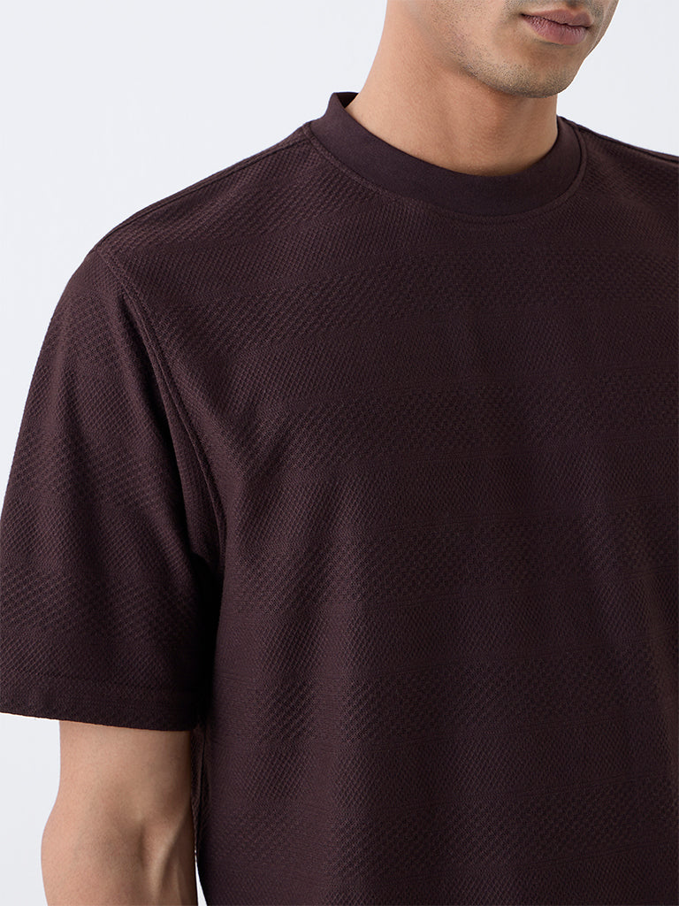 WES Lounge Dark Brown Self-Textured Relaxed-Fit T-Shirt - Image 4