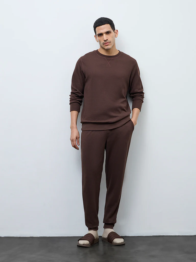 WES Lounge Dark Brown Waffle-Textured Relaxed-Fit Mid-Rise Cotton-Blend Joggers