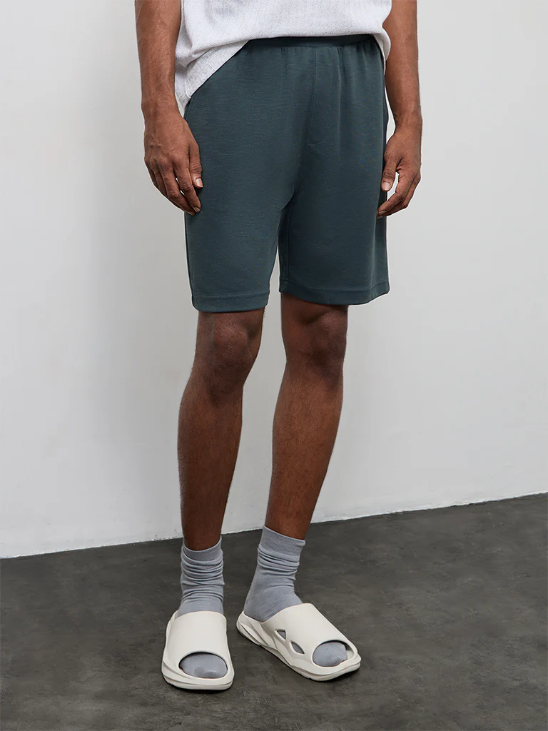 WES Lounge Dark Green Relaxed-Fit Mid-Rise Cotton-Blend Shorts - Image 3