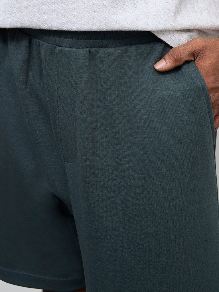 WES Lounge Dark Green Relaxed-Fit Mid-Rise Cotton-Blend Shorts - Image 4