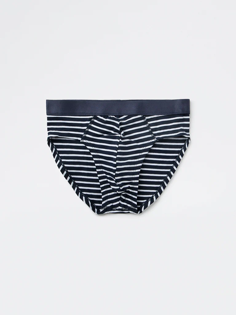 WES Lounge Dark Navy Striped Cotton-Blend Briefs - Pack of 3 - Image 2