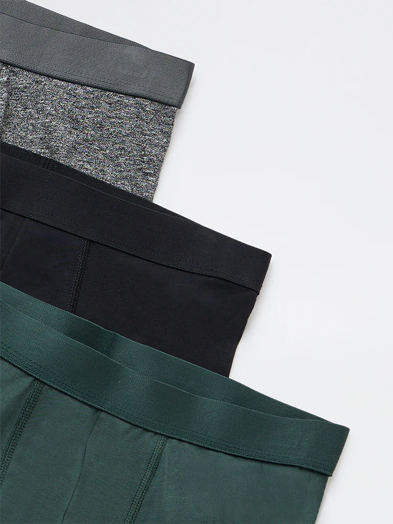 WES Lounge Dark Olive Solid Cotton-Blend Trunks - Pack of 3 - Image 4