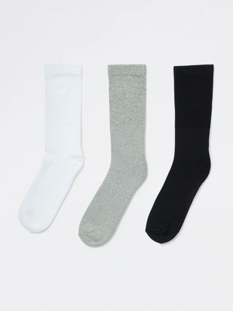 WES Lounge Grey Cotton-Blend Full Length Socks - Pack of 3