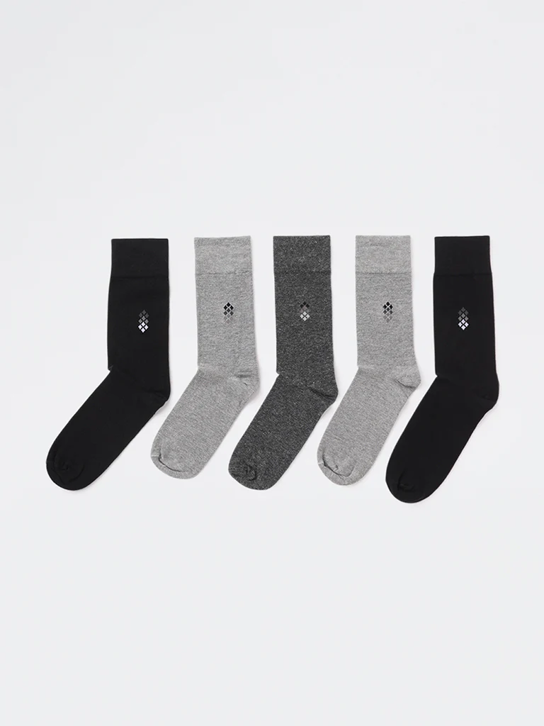 WES Lounge Grey Cotton-Blend Full Length Socks - Pack of 5