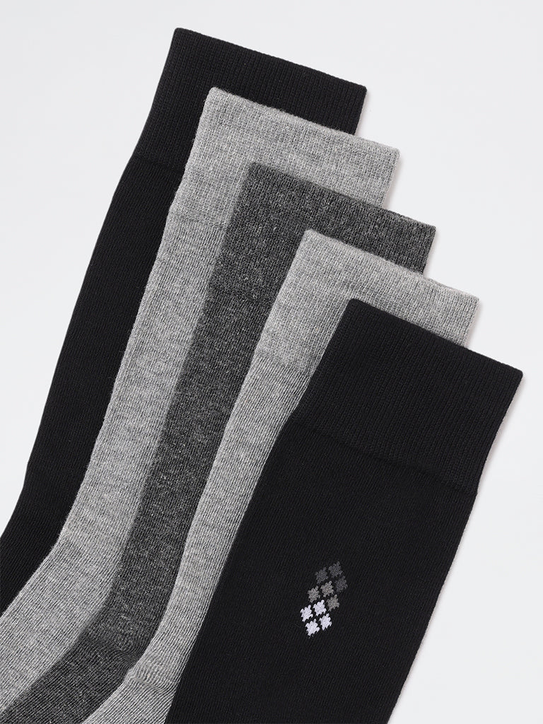 WES Lounge Grey Cotton-Blend Full-Length Socks - Pack of 5 - Image 3