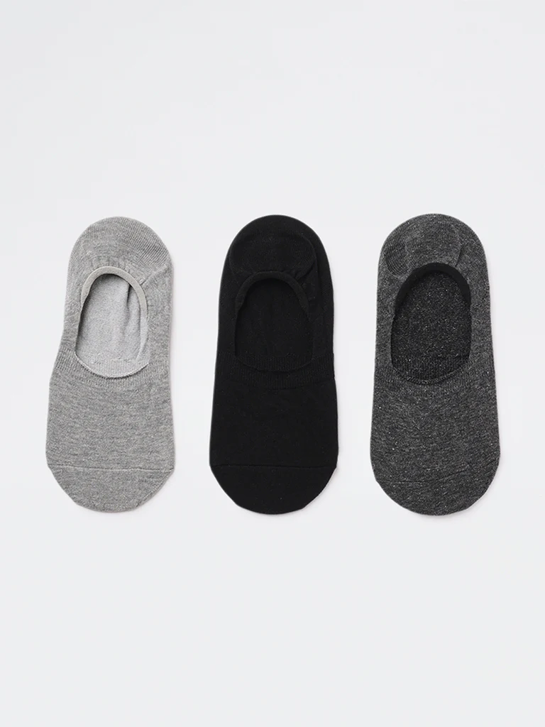WES Lounge Grey Invisible No Show Cotton-Blend Socks - Pack of 3