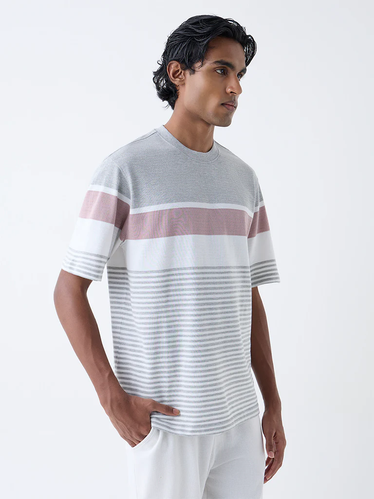 WES Lounge Grey Self-Striped Relaxed-Fit Cotton-Blend T-Shirt - Image 2