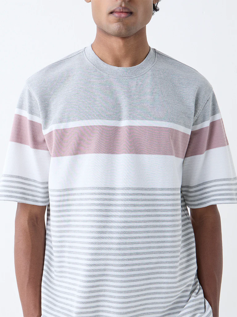 WES Lounge Grey Self-Striped Relaxed-Fit Cotton-Blend T-Shirt - Image 3