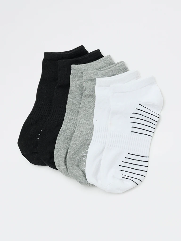 WES Lounge Grey Striped Cotton-Blend Ankle Length Socks - Pack of 3 - Image 2