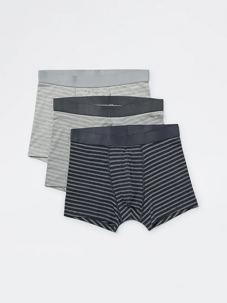 WES Lounge Grey Striped Cotton-Blend Trunks - Pack of 3