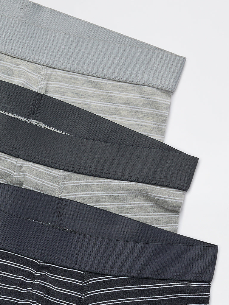 WES Lounge Grey Striped Cotton-Blend Trunks - Pack of 3 - Image 4