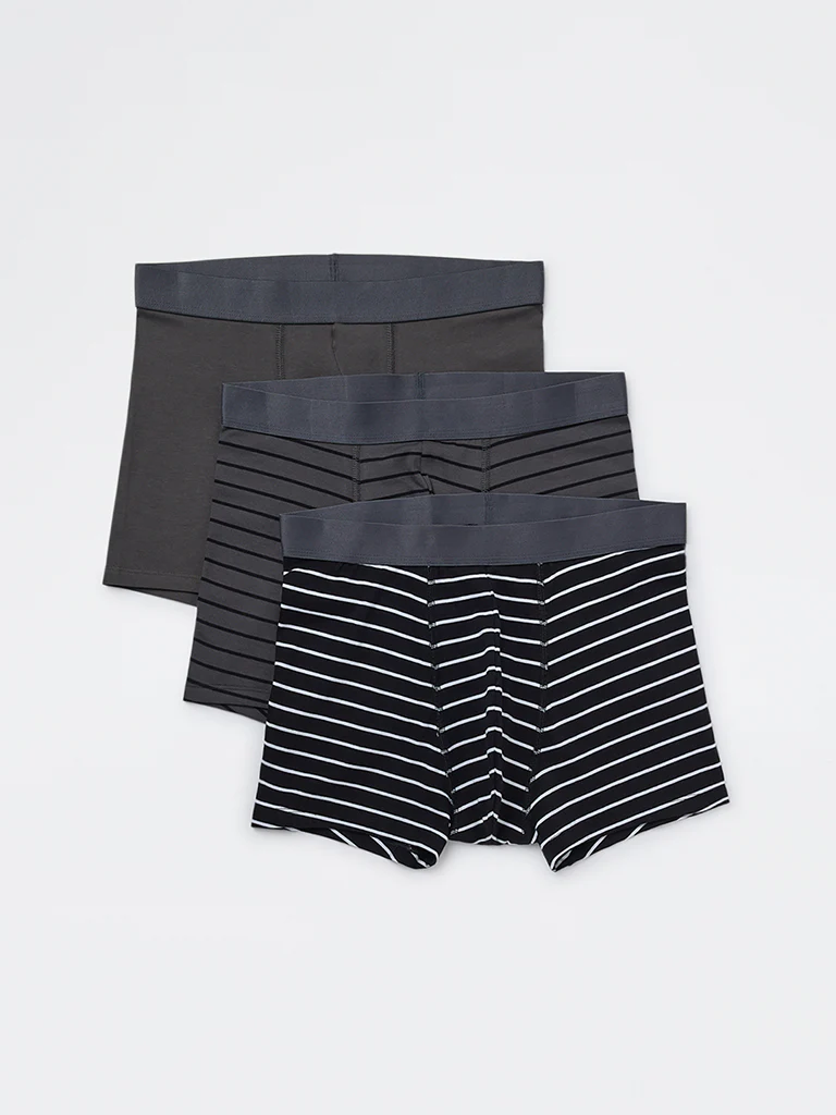 WES Lounge Grey Striped Cotton-Blend Trunks - Pack of 3