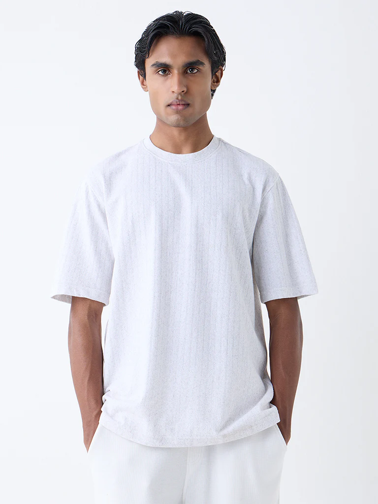 WES Lounge Grey Striped Relaxed-Fit Cotton-Blend T-Shirt - Image 2