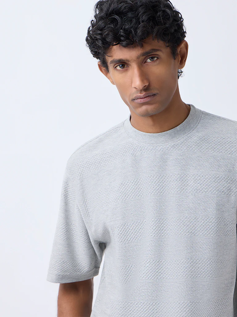 WES Lounge Grey Textured Relaxed-Fit Cotton-Blend T-Shirt - Image 3
