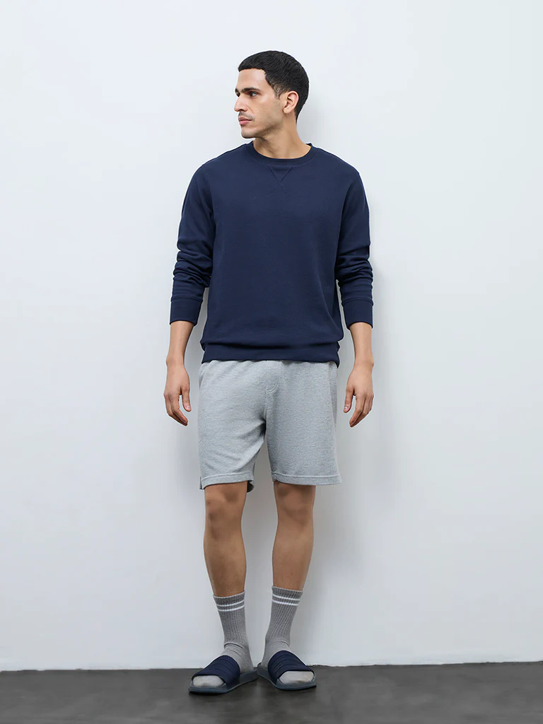 WES Lounge Grey Waffle-Textured Regular-Fit Mid-Rise Cotton-Blend Shorts