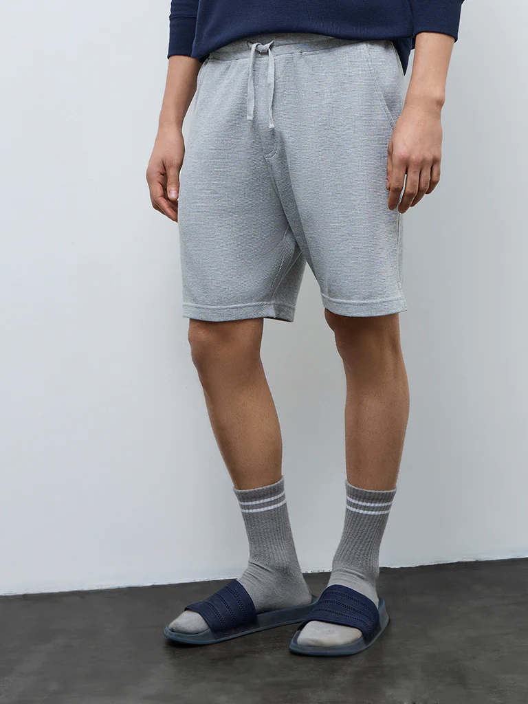 WES Lounge Grey Waffle-Textured Regular-Fit Mid-Rise Cotton-Blend Shorts - Image 3