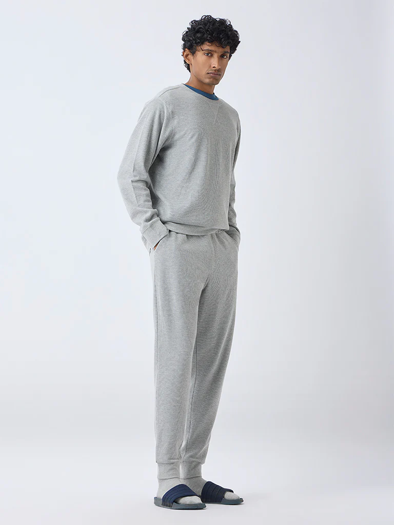 WES Lounge Grey Waffle-Textured Relaxed-Fit Mid-Rise Cotton-Blend Joggers
