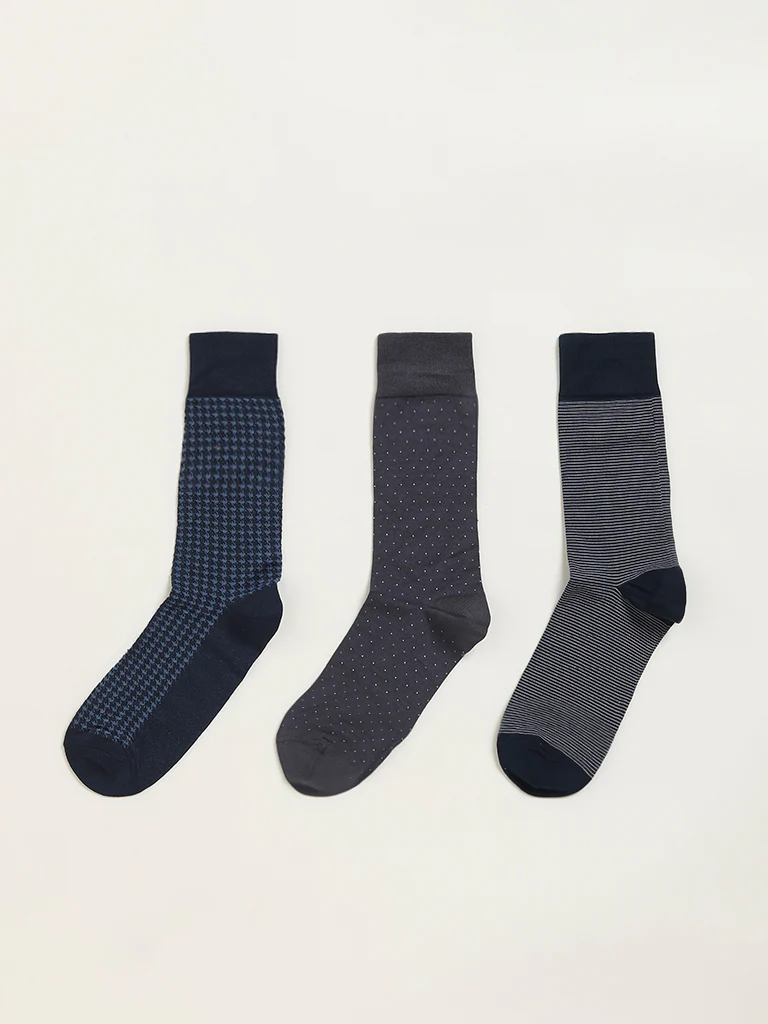WES Lounge Multicolour Printed Cotton-Blend Full Length Socks - Pack of 3
