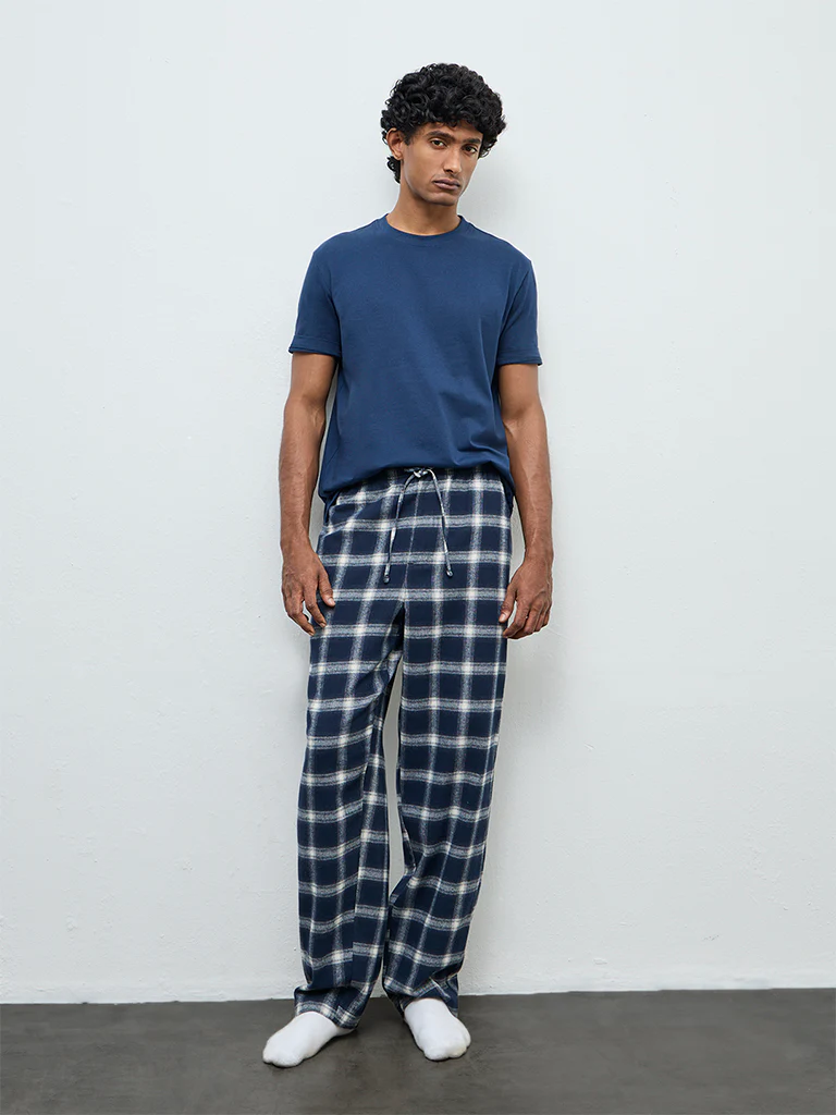 WES Lounge Navy Checkered Relaxed-Fit Mid-Rise Cotton Pants