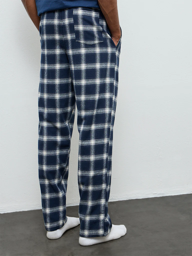WES Lounge Navy Checkered Relaxed-Fit Mid-Rise Cotton Pants - Image 4