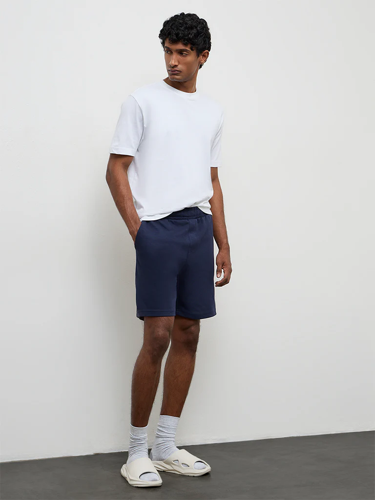 WES Lounge Navy Relaxed-Fit Mid-Rise Cotton-Blend Shorts