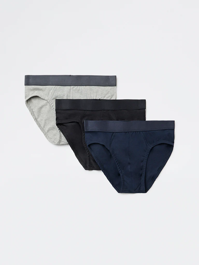 WES Lounge Navy Solid Cotton-Blend Briefs - Pack of 3