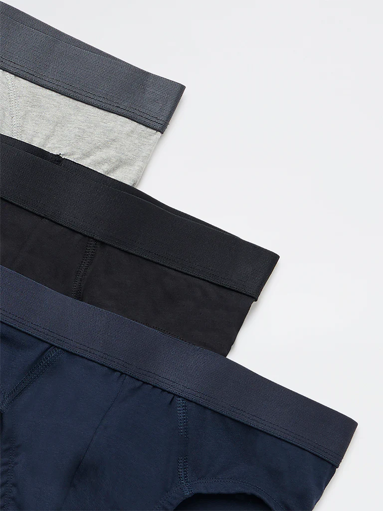 WES Lounge Navy Solid Cotton-Blend Briefs - Pack of 3 - Image 4