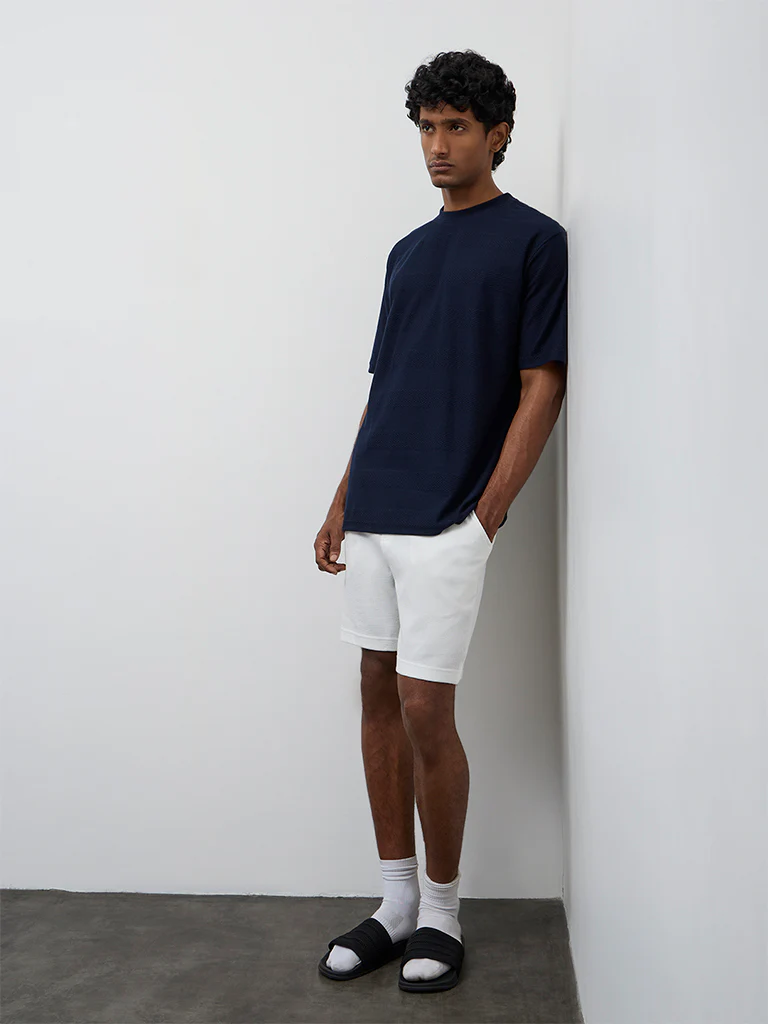 WES Lounge Navy Stripe Textured Relaxed Fit Cotton T-Shirt - Image 3